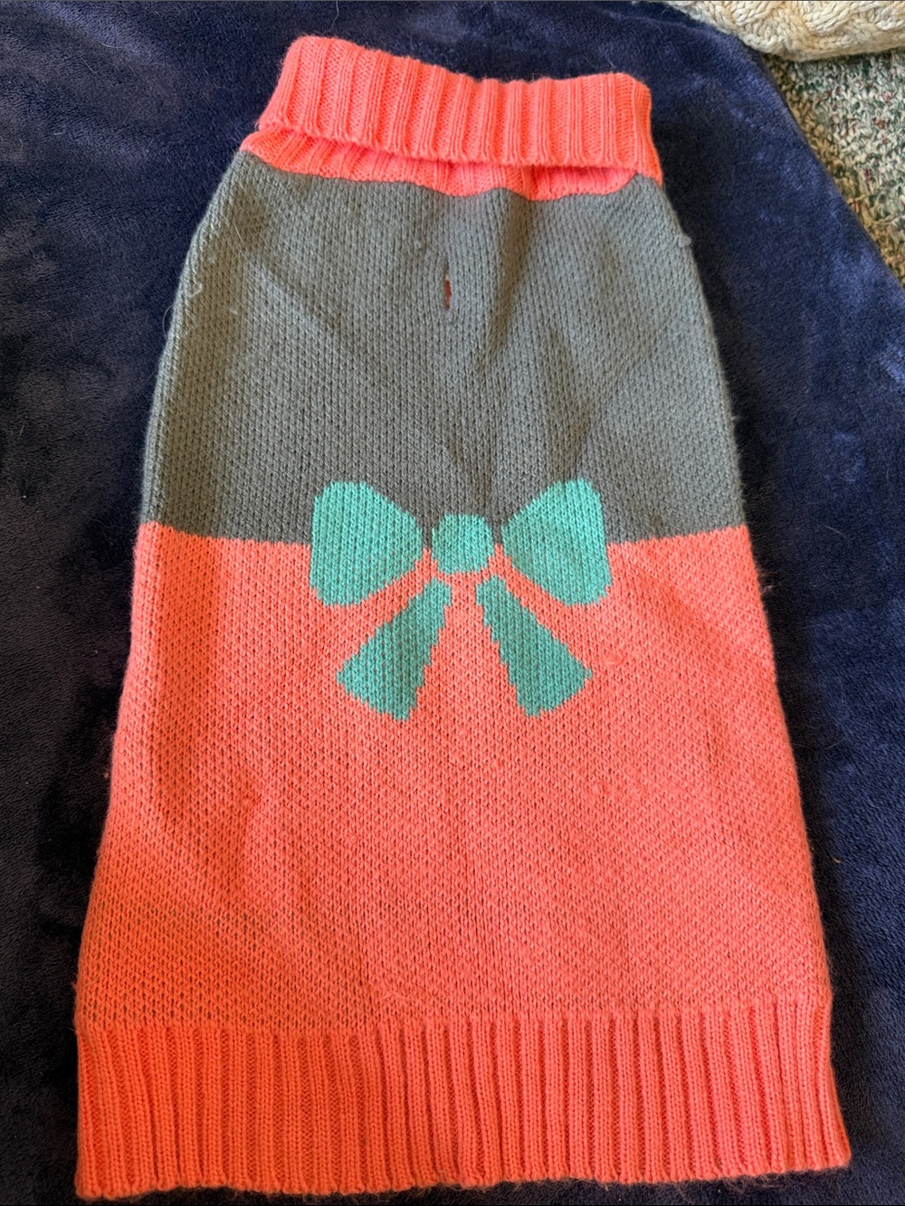 Coral & Gray Knit dog sweater with Mint Bow Accent